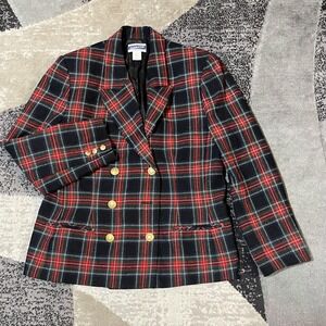 VTG Pendleton Blazer Women 12 Red Green Tartan Plaid Wool Double Breasted USA
